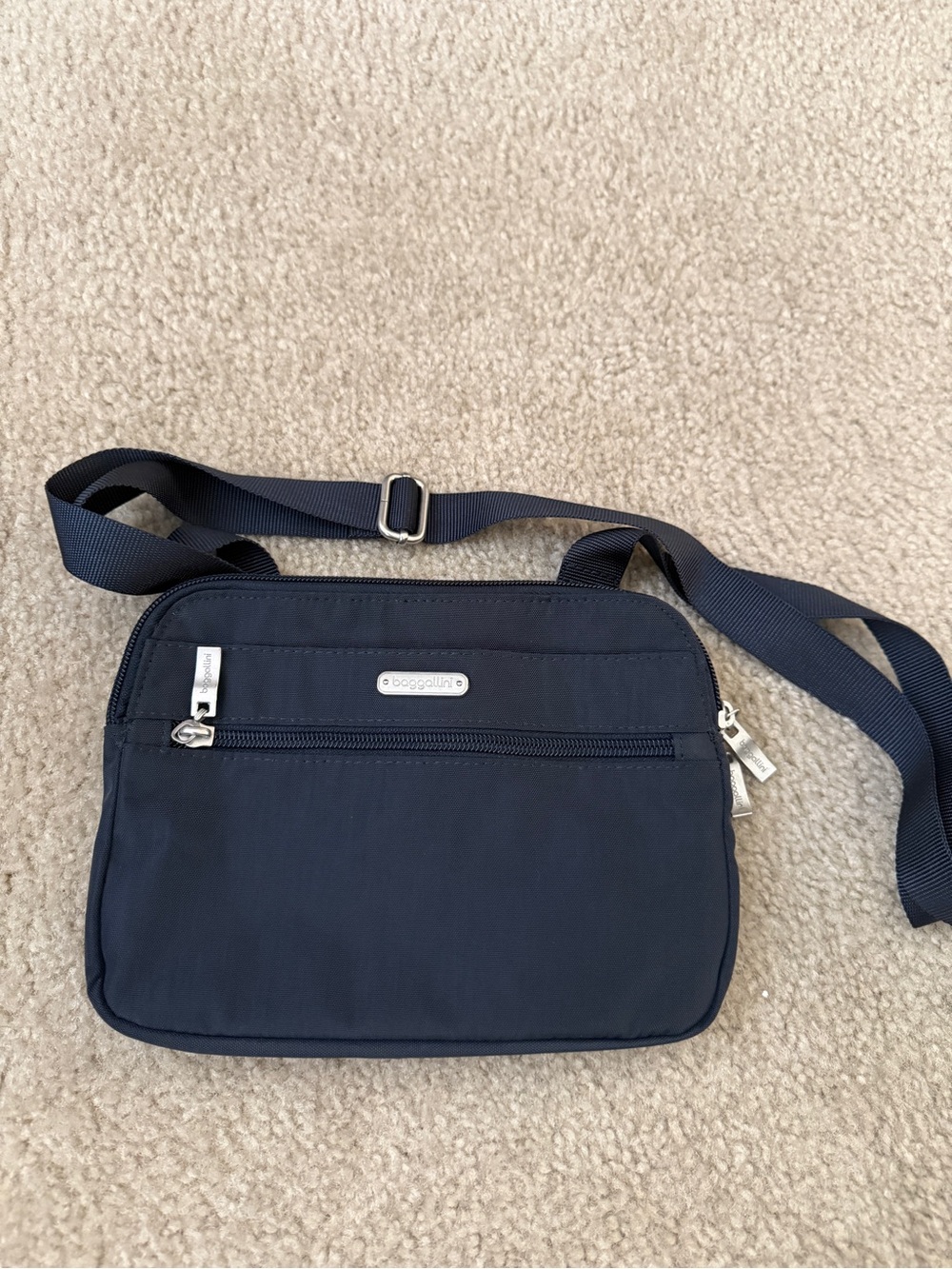 Baggallini Navy Double Zip Medium Crossbody Bag with Silver Accents